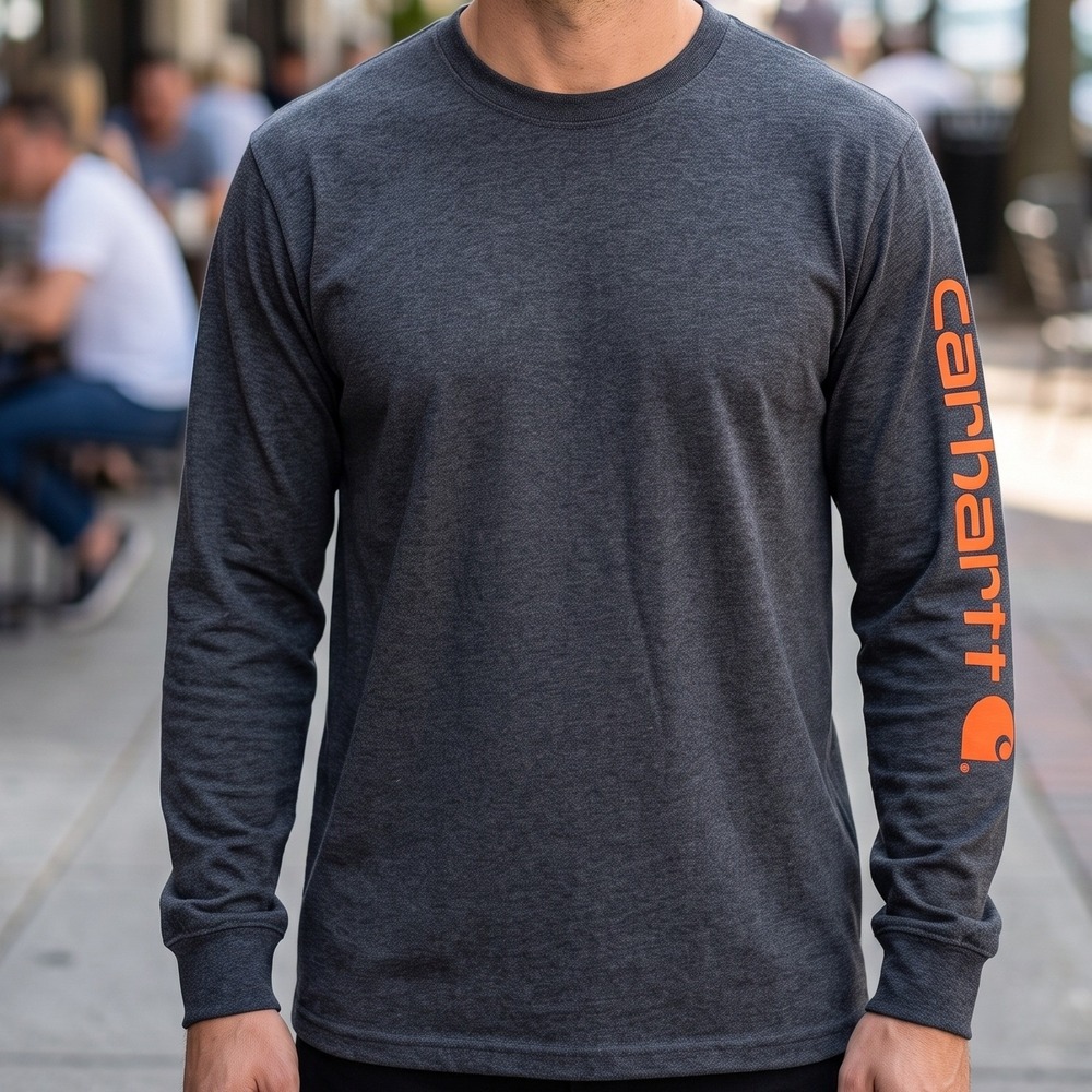 Carhartt Mens Loose Fit Long Sleeve Graphic T-Shirt Charcoal Grey Orange Logo M